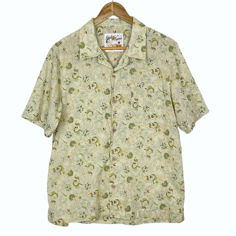 Naked & Famous Flora Sketches Natural Aloha Shirt Mens M Cotton Tropical Earthy